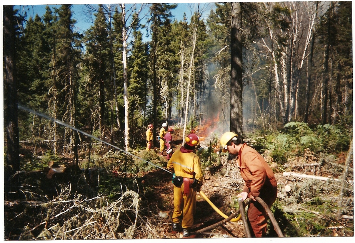 Working on the fireline with hose, 2 3-man crews